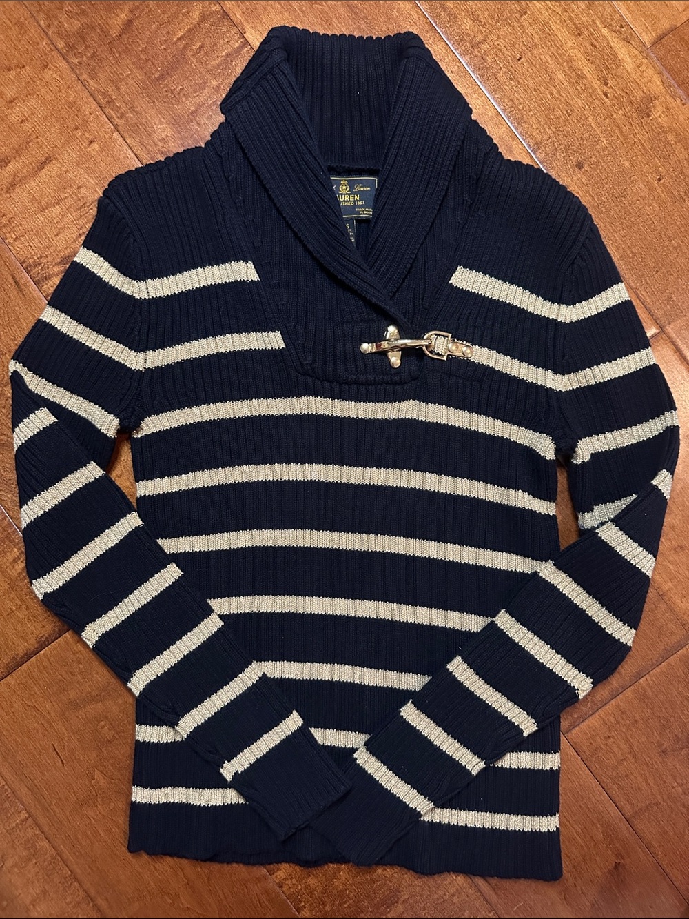 Ralph Lauren Black & Gold Shawl Collar Toggle Stripe Sweater